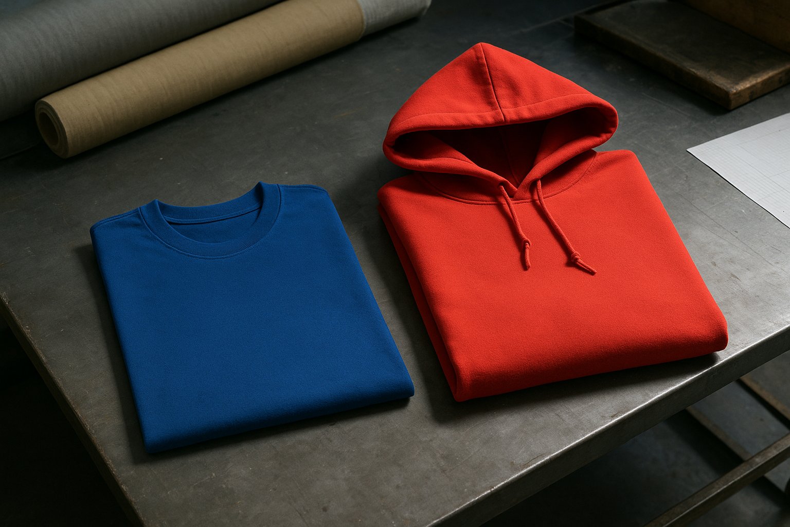 Folded cobalt T-shirt and tomato red hoodie arranged as garment plates